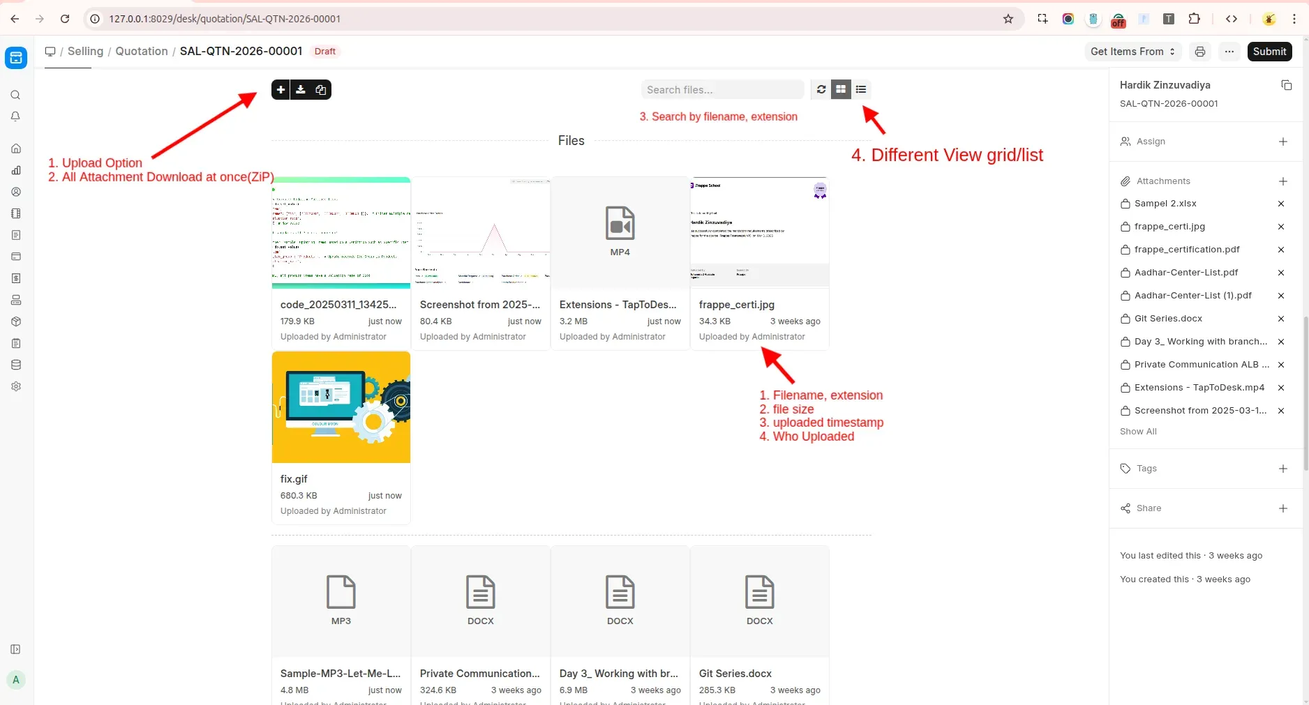Attachment Manager card view inside a Frappe form, with a card per file and preview, download and delete actions