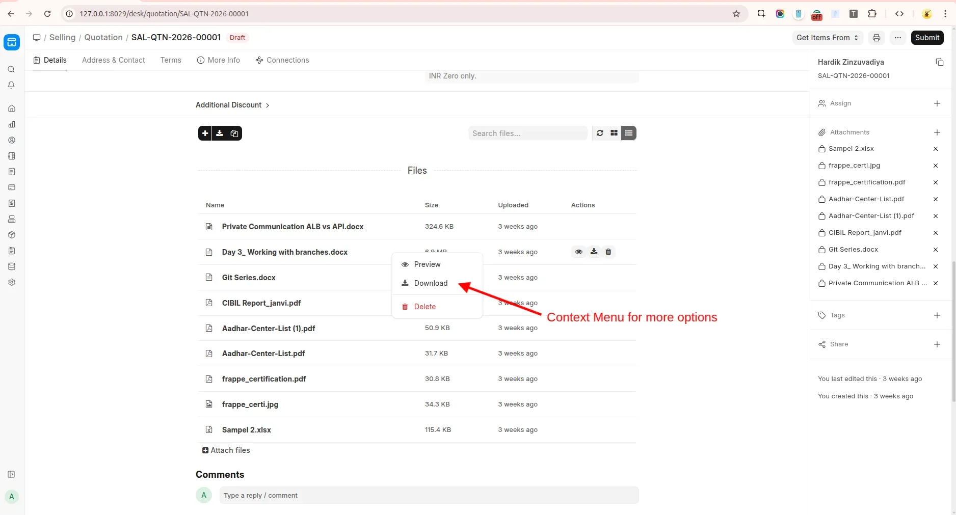 Attachment Manager list view inside a Frappe form, one row per file with name, type and actions