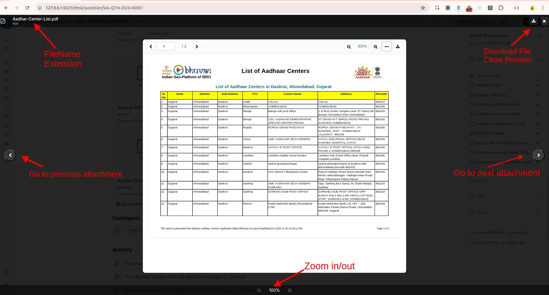 A PDF opened in the inline viewer over a Quotation form: file name and type in the top bar, page 1 of 2 with previous and next page, zoom, fit-to-width, download and close controls, and arrows to the previous and next attachment