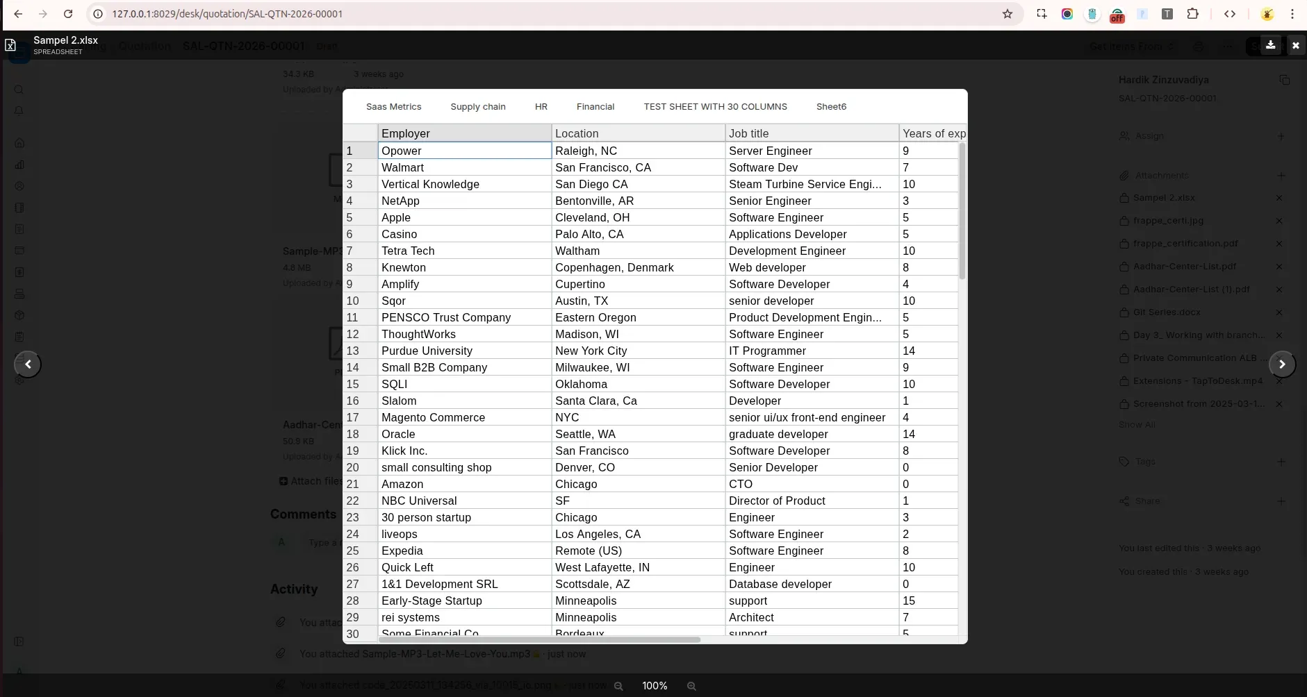 An XLSX file opened in the inline preview: sheet tabs across the top and a scrollable spreadsheet grid with row numbers and column headers