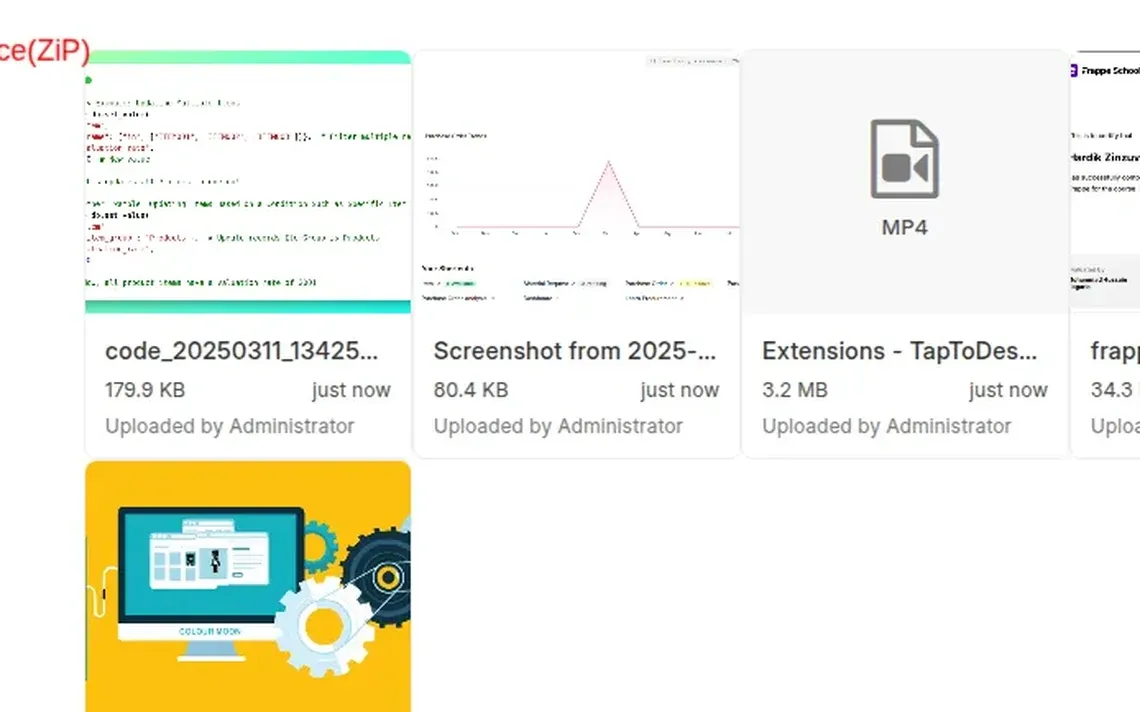 Attachment Manager card view inside a Frappe form, with a card per file and preview, download and delete actions