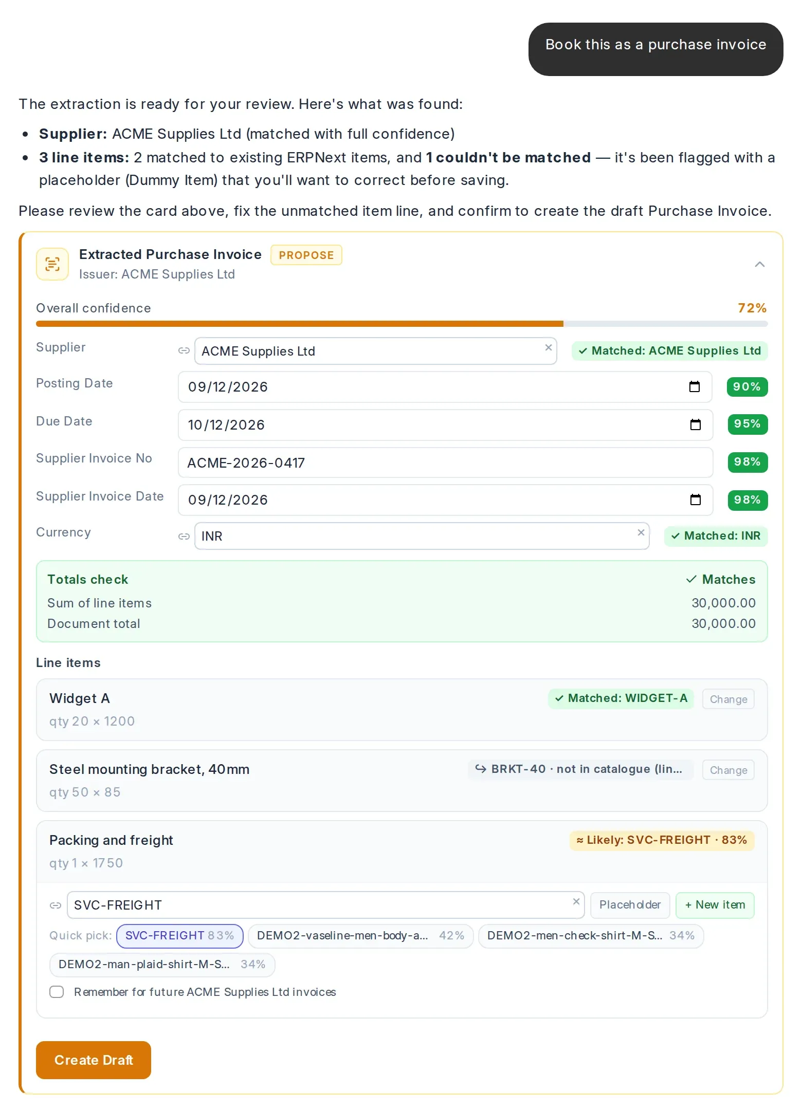 An extracted purchase invoice from ACME Supplies Ltd: supplier matched, totals check passing, two lines matched and one line offering ranked candidates