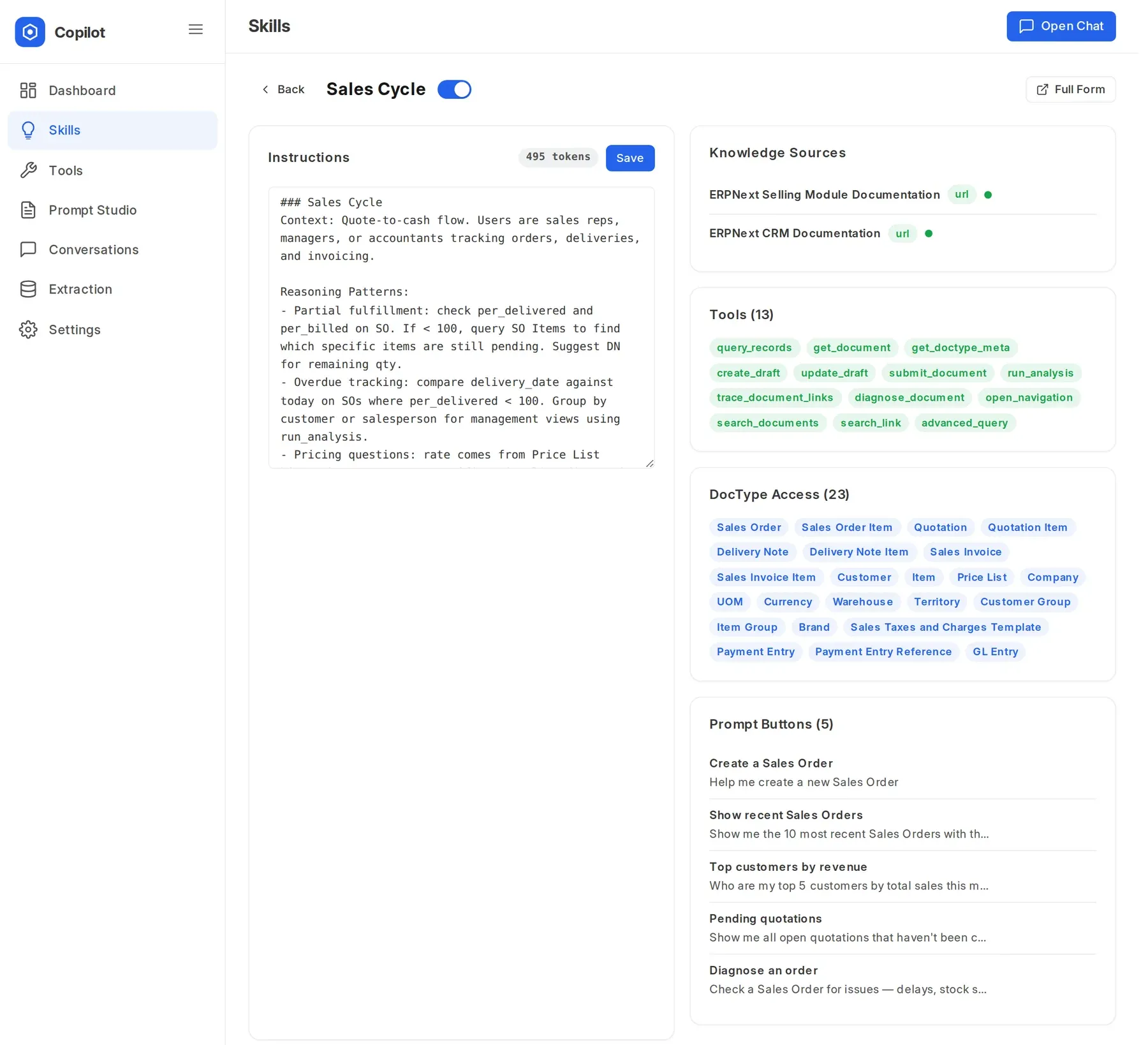 The Sales Cycle skill: instructions, two documentation knowledge sources, 13 tools, 23 DocTypes and five prompt buttons