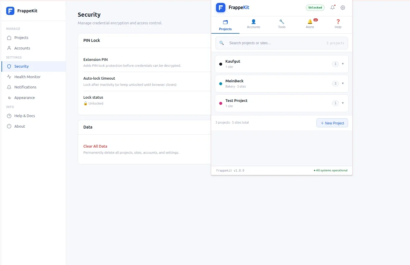 FrappeKit popup with sites grouped by project, next to the security settings page