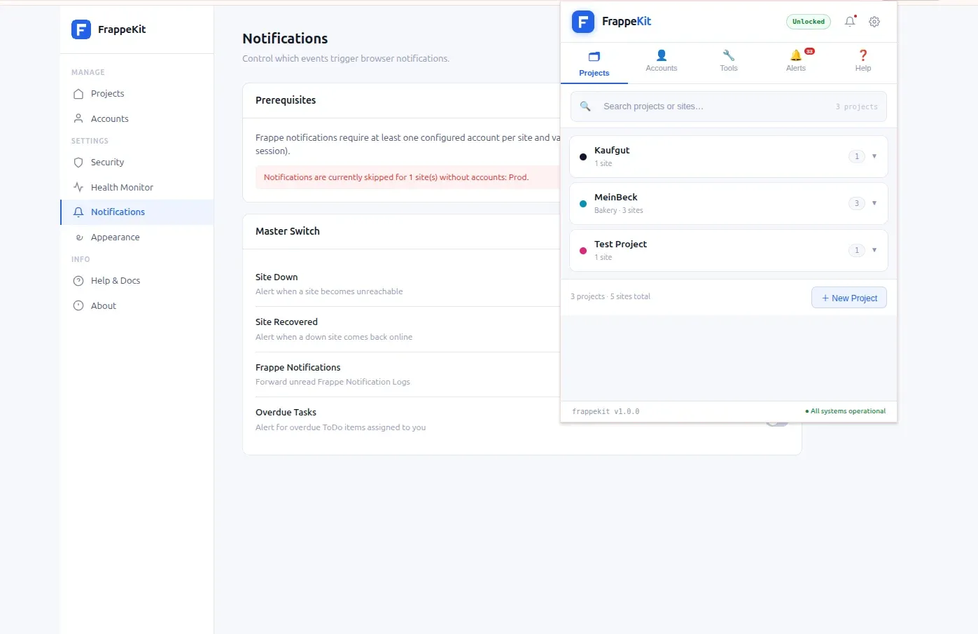 FrappeKit notification settings and the alerts popup