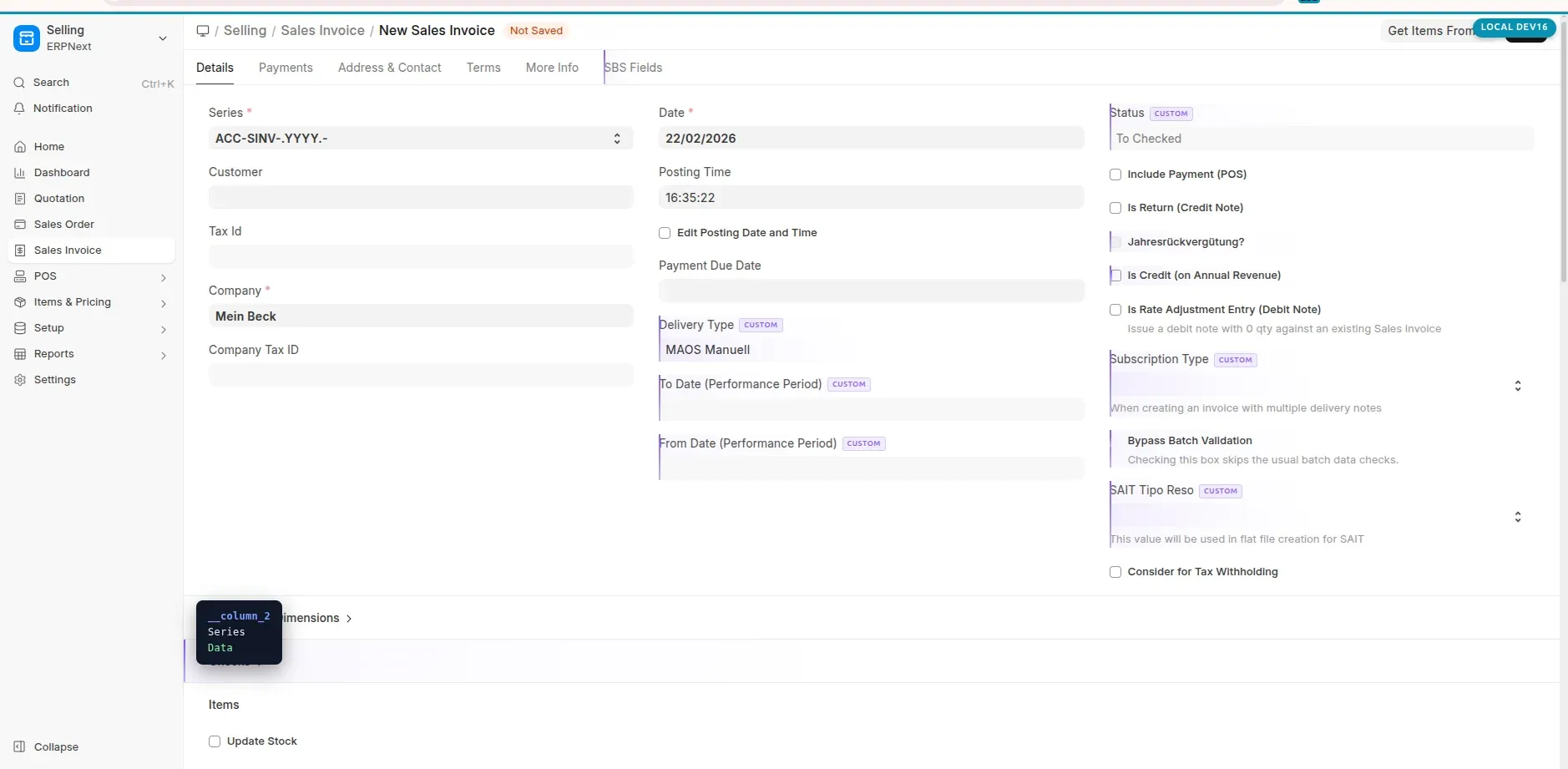 A Frappe form with custom fields highlighted and the field metadata overlay open