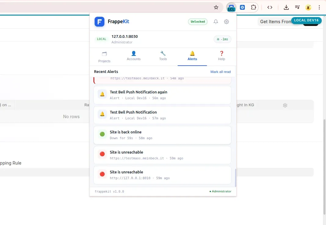 FrappeKit alerts tab with push notifications and health status per site