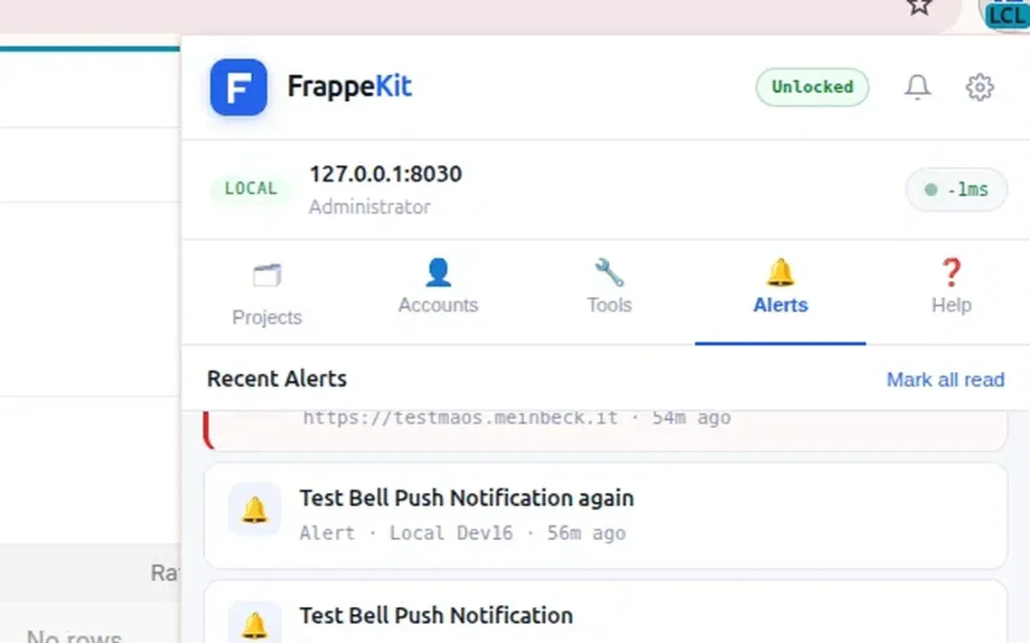FrappeKit popup with sites grouped by project, next to the security settings page