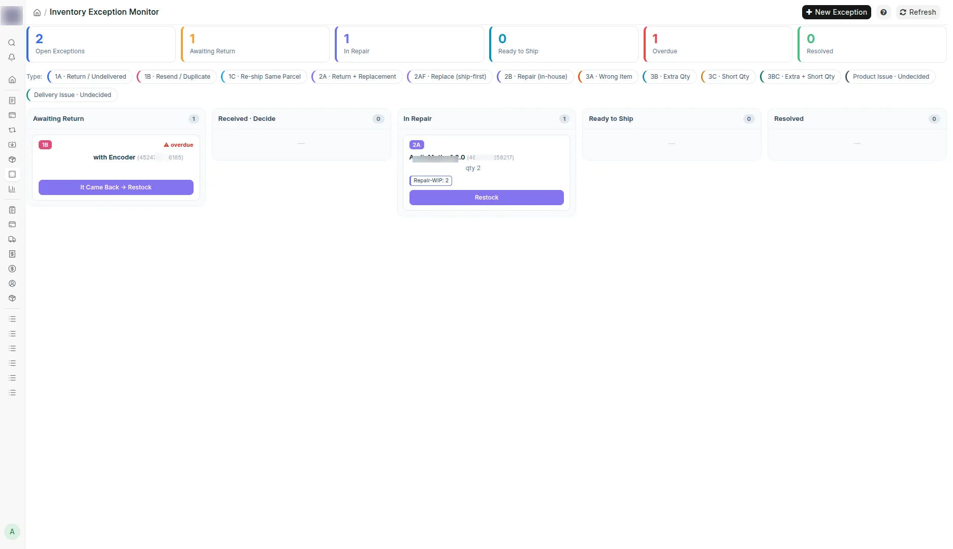 Inventory Exception Monitor board: counters for open, awaiting return, in repair, ready to ship, overdue and resolved, a legend of exception types, and kanban columns Awaiting Return, Received · Decide, In Repair, Ready to Ship and Resolved, each card with its next action button