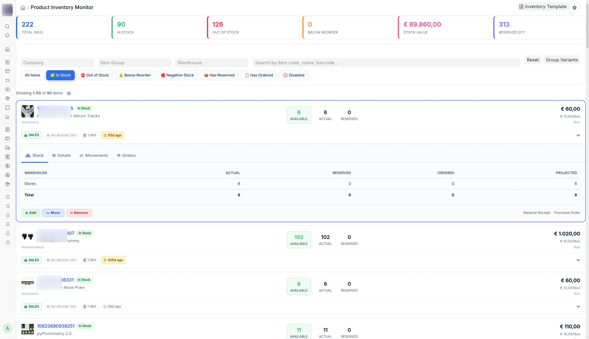 Product Inventory Monitor: stat cards for total SKUs, in stock, out of stock, below reorder, stock value and reserved quantity, eight quick filters, and an expanded item card with per-warehouse stock, Stock, Details, Movements and Orders tabs, and Add, Move and Remove buttons