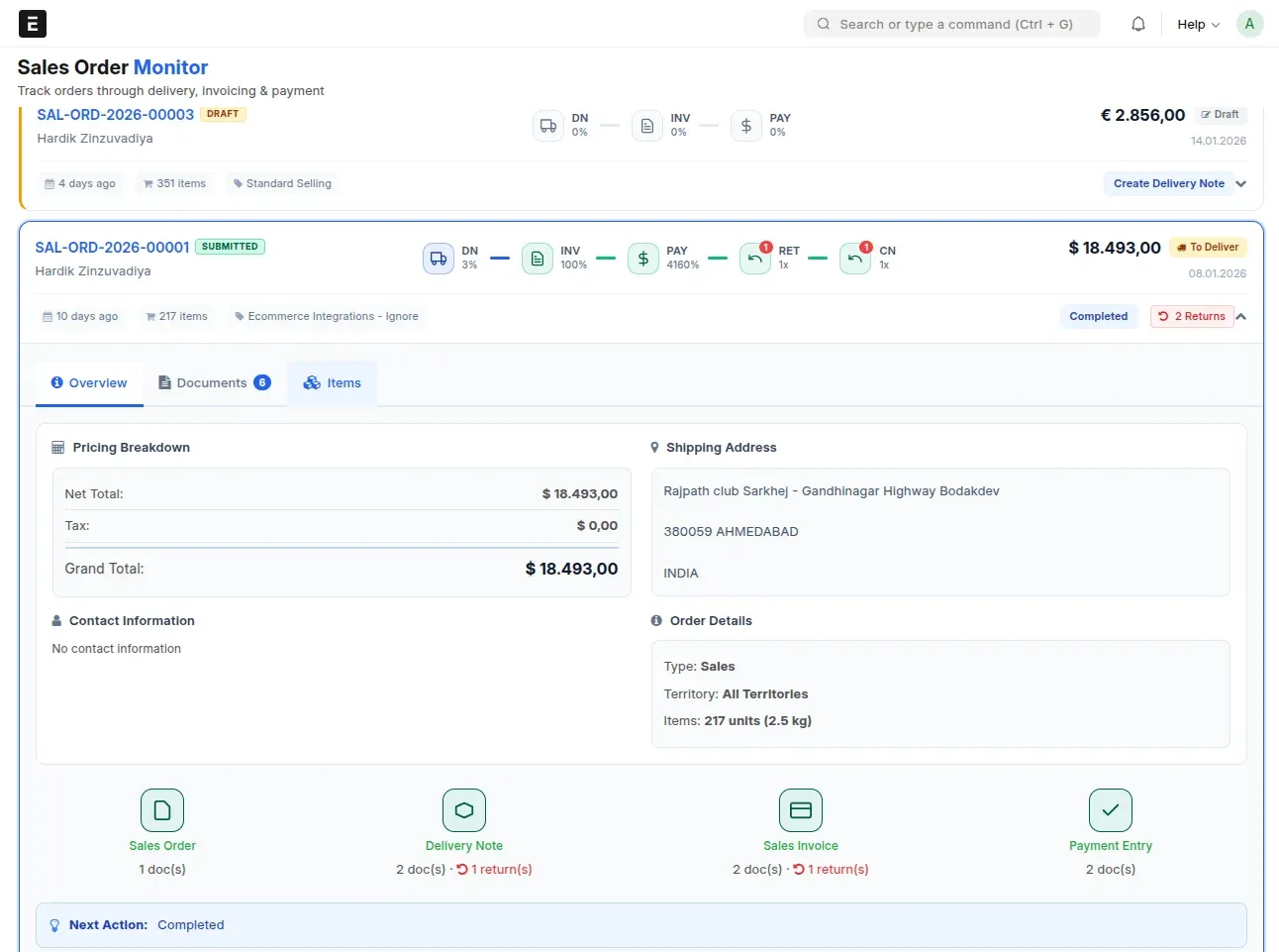 Sales Order Monitor order details: a three-column card with identity, process flow and financial columns showing delivery, invoice and payment progress