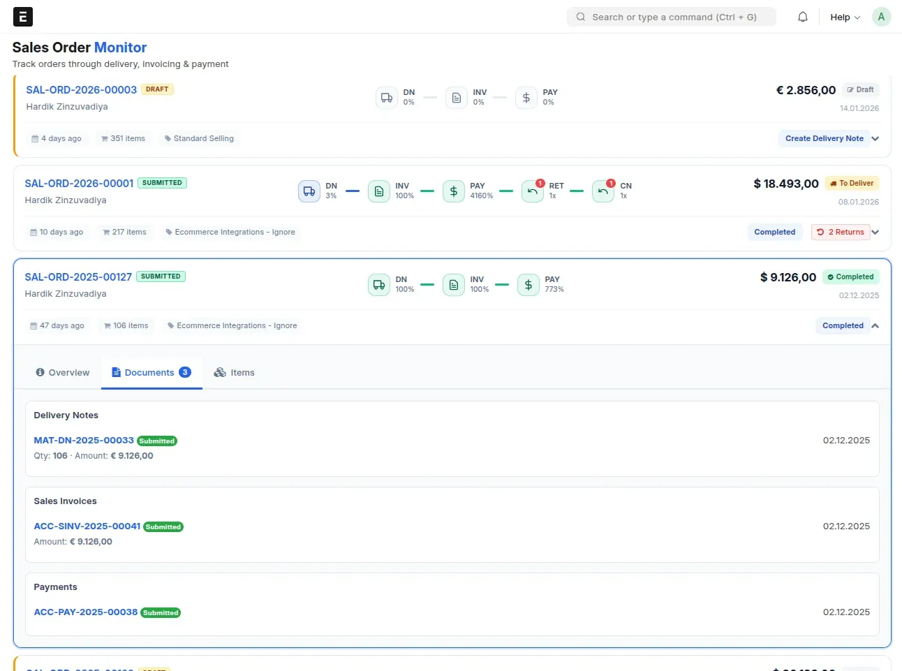 Sales Order Monitor item tracking modal comparing ordered, delivered and invoiced quantities per item with status badges