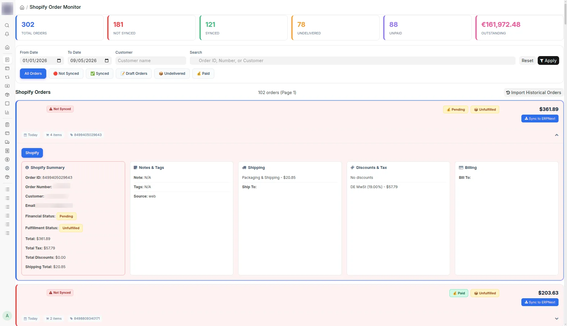 An order card expanded on its Shopify tab: order id, financial and fulfilment status, total, tax, discounts, shipping lines, notes and tags, source, and ship-to and billing address blocks