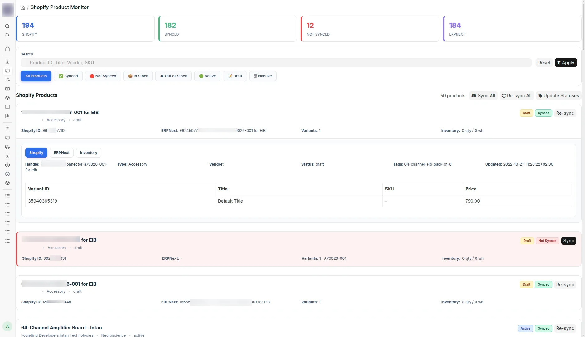 Shopify Product Monitor: counts of Shopify products, synced, not synced and ERPNext items, status filters, and product cards with Shopify, ERPNext and Inventory tabs, variant rows, and Sync or Re-sync buttons
